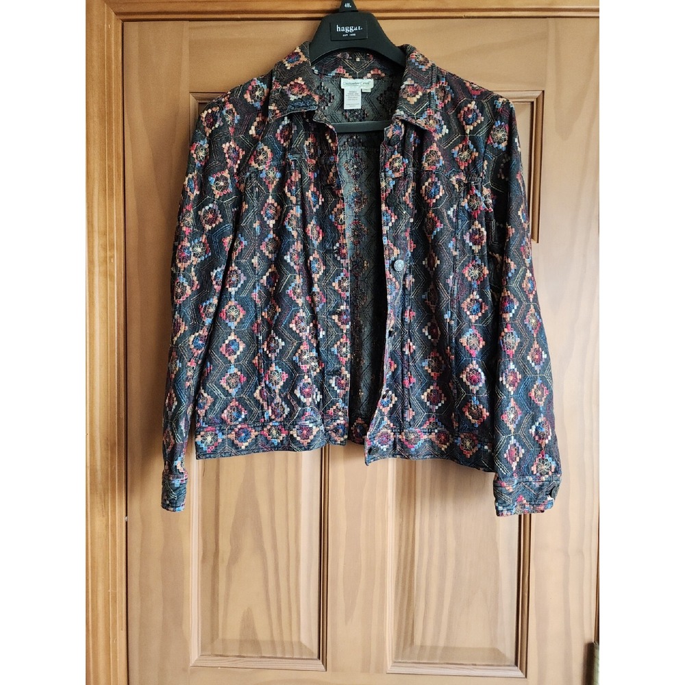 Coldwater Creek Embroidered Denim Jacket Diamond‎ Southwest women's Sz PL Petite